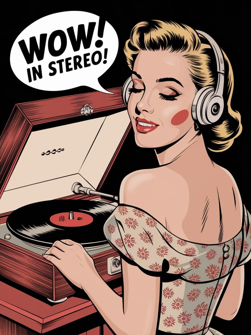 Vintage Pop-Art Ad for Record Player in 1950s Style
