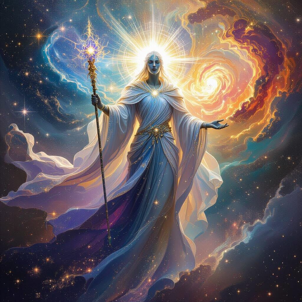 Ethereal Cosmic Being of Light in Swirling Galaxy