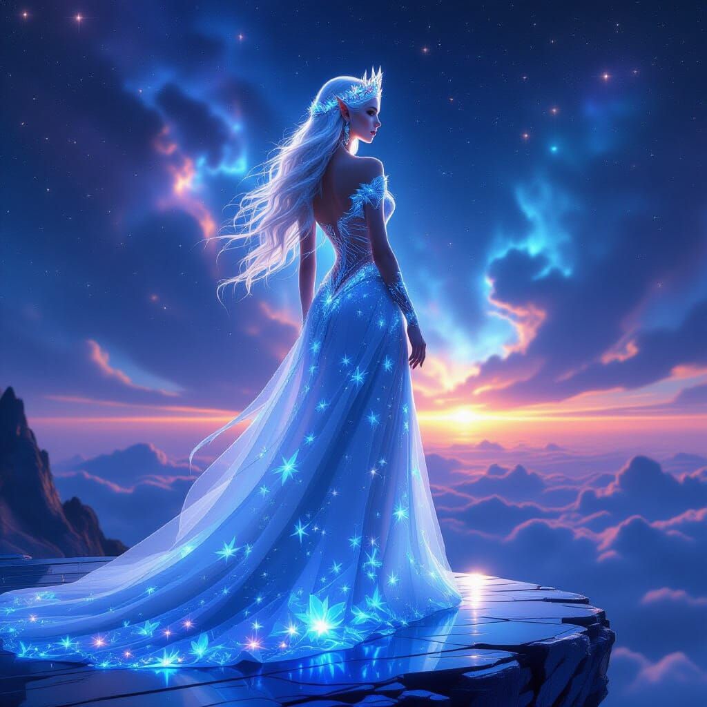Ethereal Elven Queen in Cosmic Fantasy Art Style