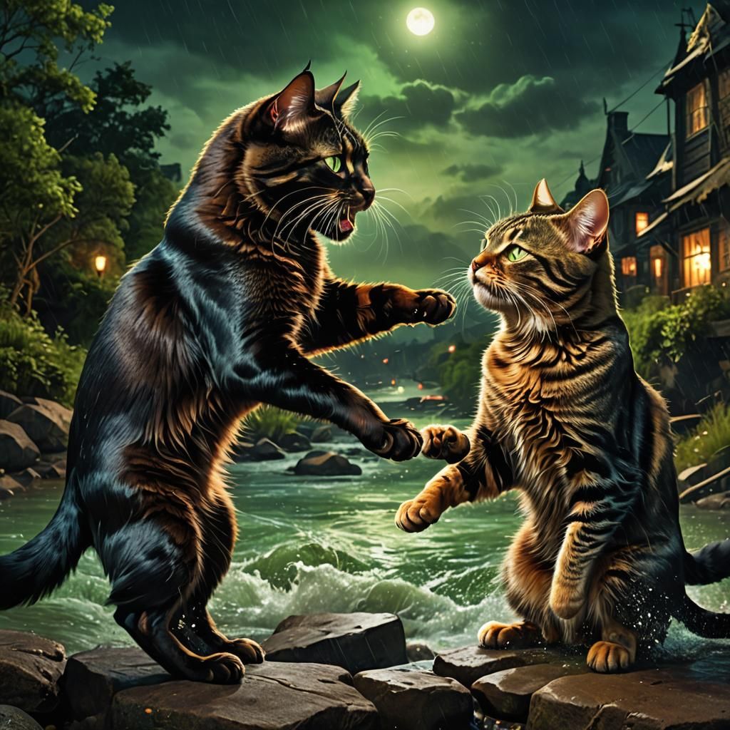 Angry Cats Fighting by a River, Detailed Matte Painting