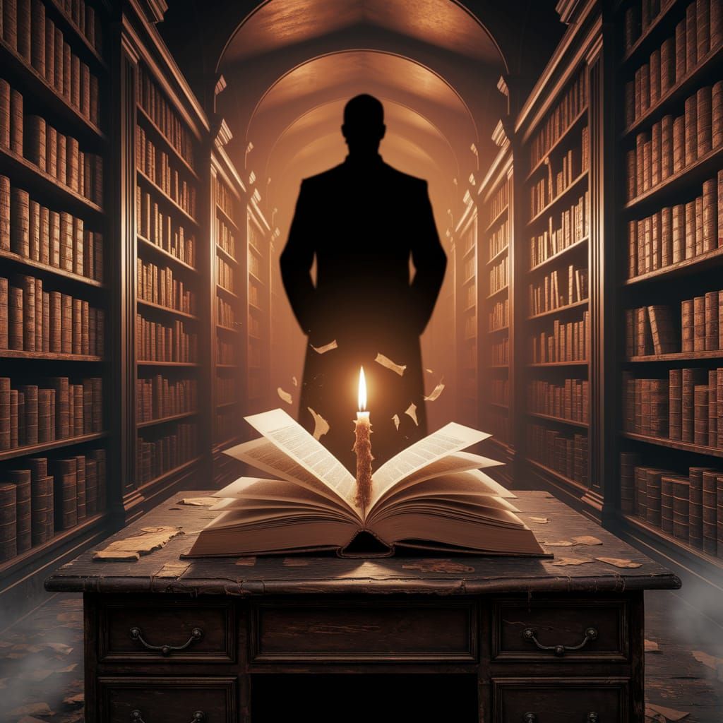 Ominous Library with Shadowy Figure and Ancient Books