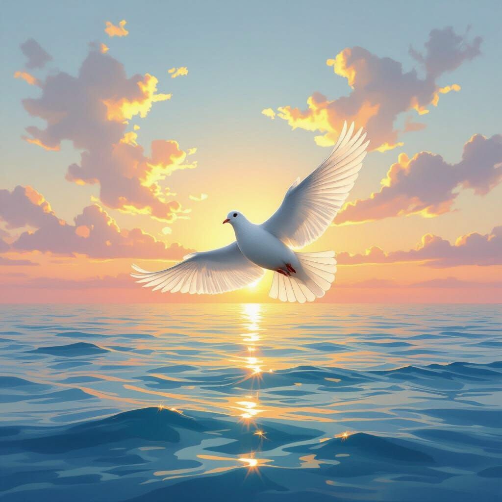 White Dove Soars Over Calm Sea at Sunrise