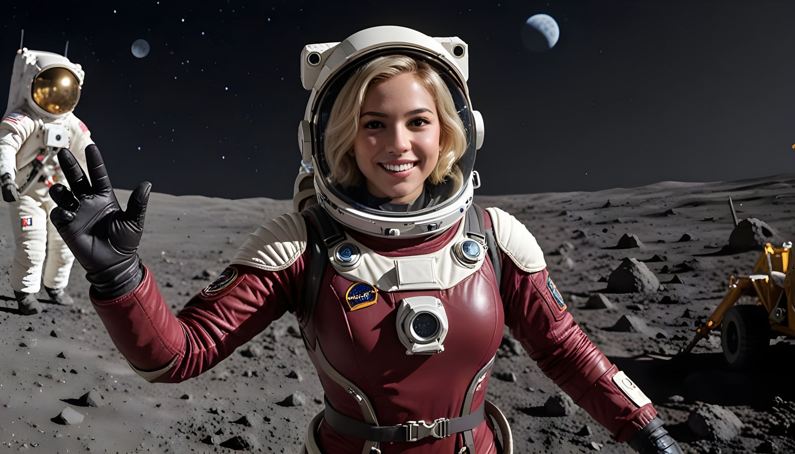 Astronaut Waving from the Moon in Spacesuit