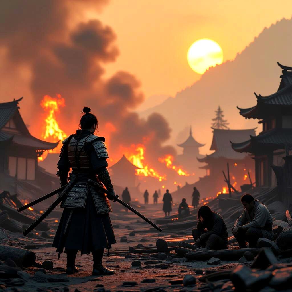 Samurai Surveys Devastated Orange Village