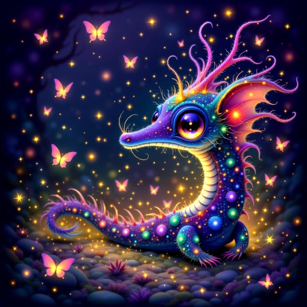 Whimsical Sea Serpent in a Vibrant, Glowing Abyss