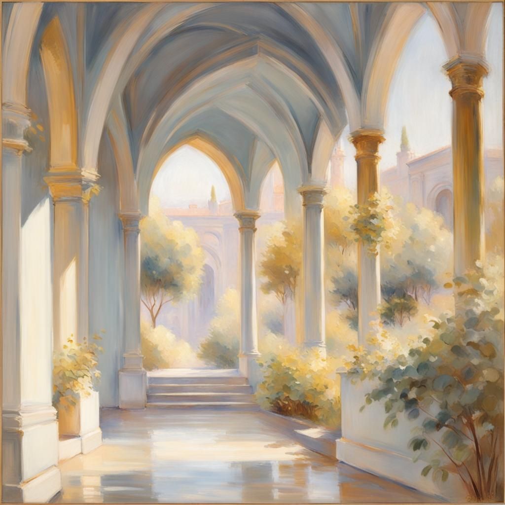 Impressionistic Arches Bathed in Sunlight with Gold Accents