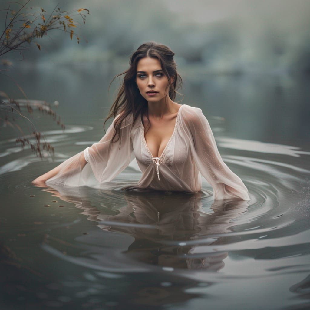 Woman in Negligee Wading in Water