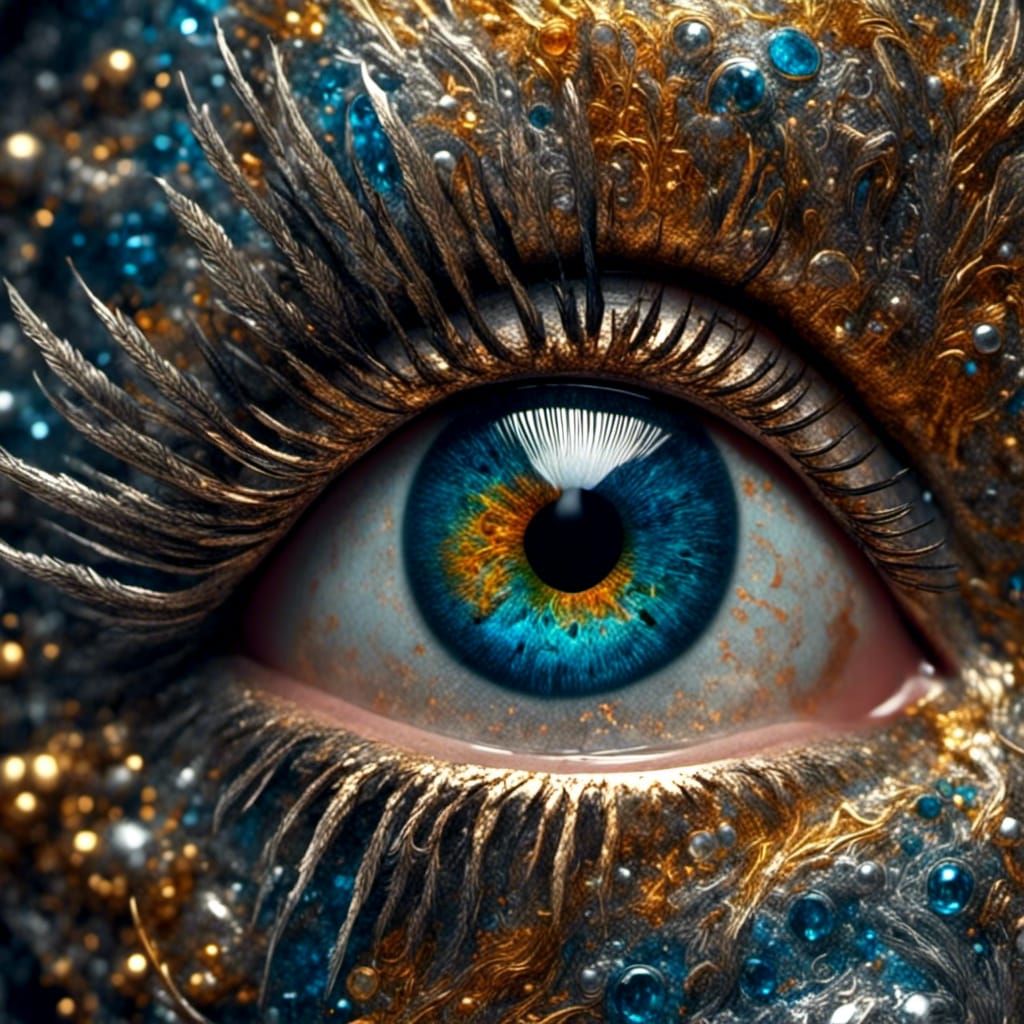 Colorful Glass Eye with Gold Eyelashes: Ornate Tribal Style