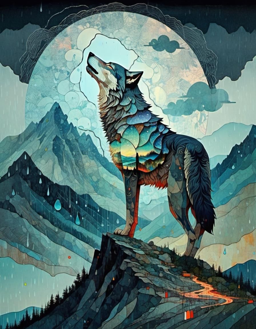 Wolf Howling in Thunderstorm: Double Exposure Art