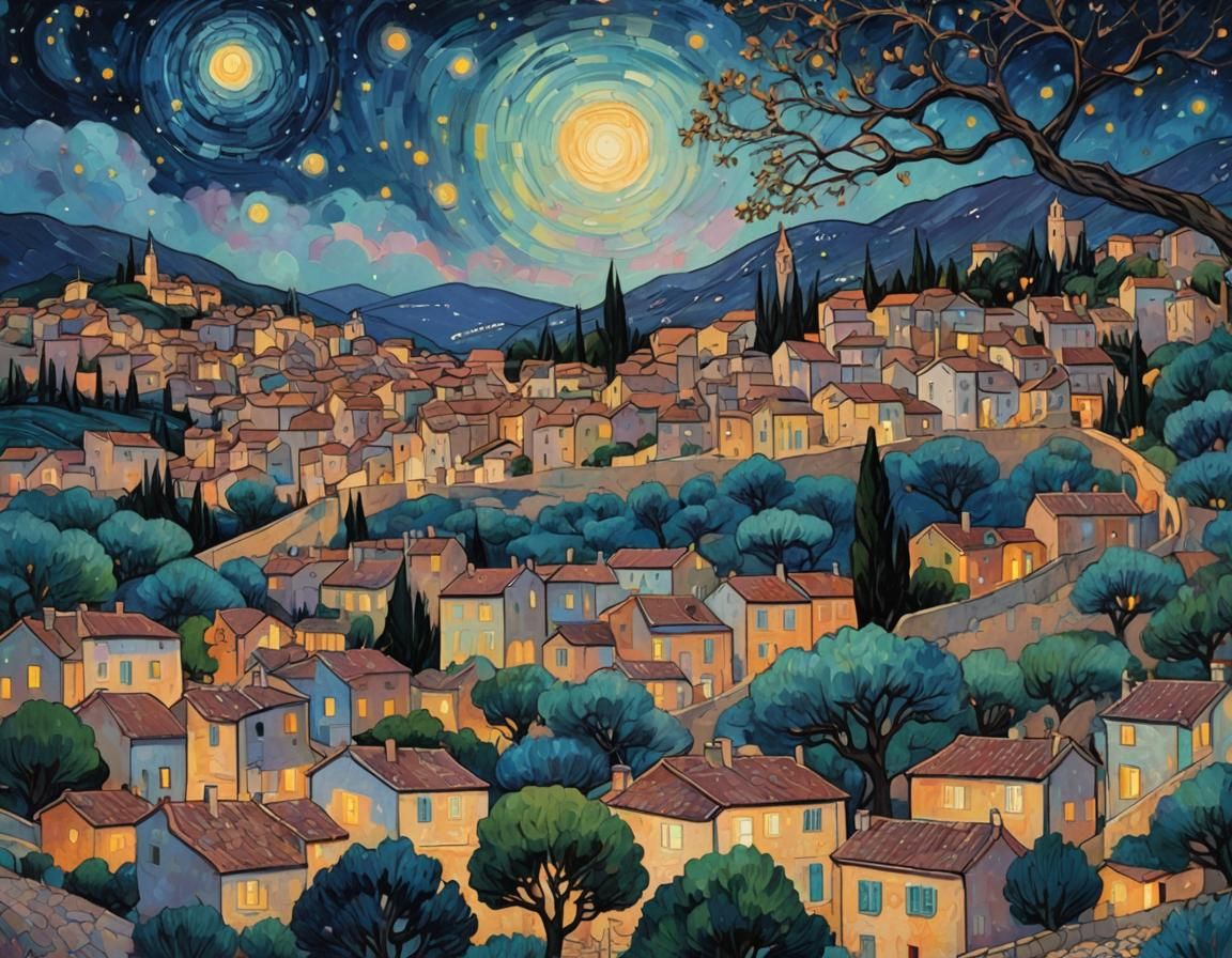 Impressionist Village Night Scene with Tree of Life