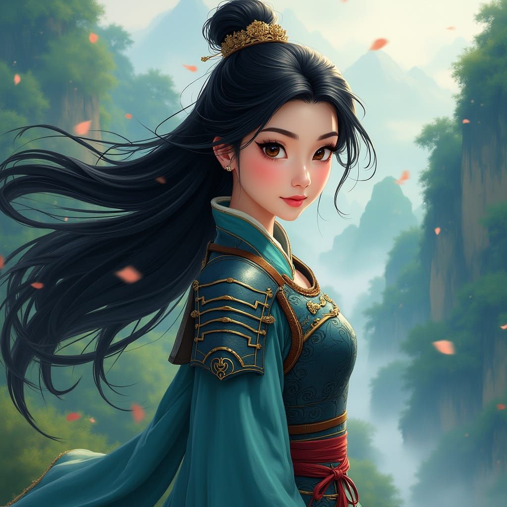 Ancient Chinese Warrior Princess in Whimsical Disney Style
