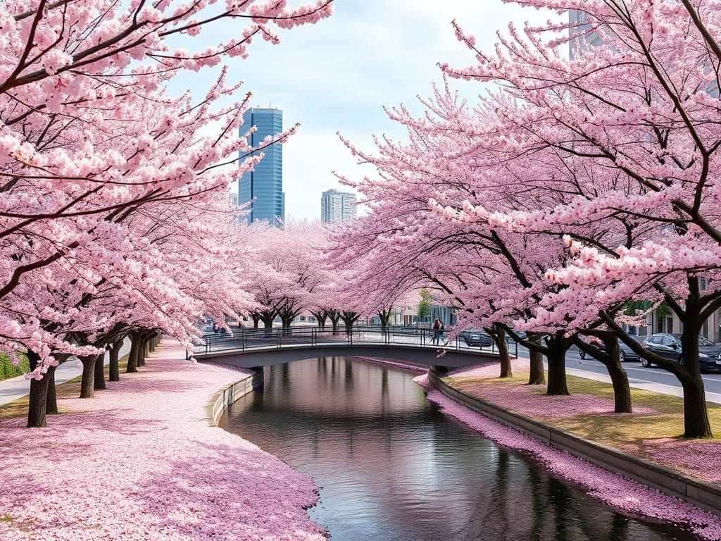 Cherry Blossom River Walk in Downtown City
