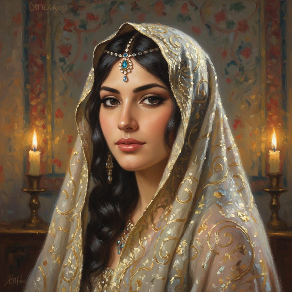 Mysterious Arabian Girl Portrait in Oil Painting Style