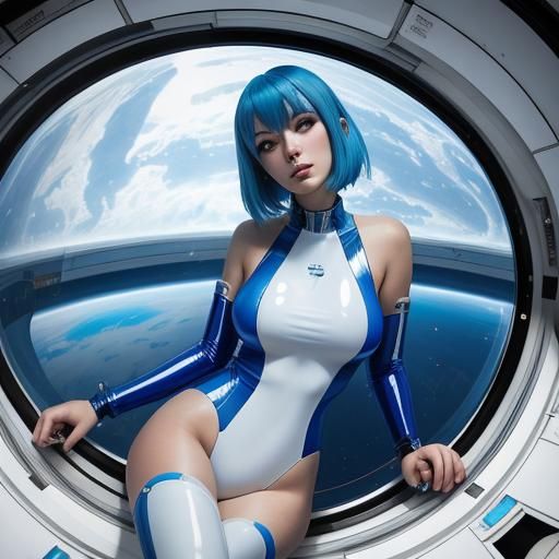 Girl in White Latex Suit Gazing at Outer Space