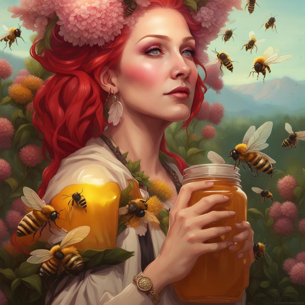 Cyndi Lauper with Bees and Honey, Hyperdetailed Portrait