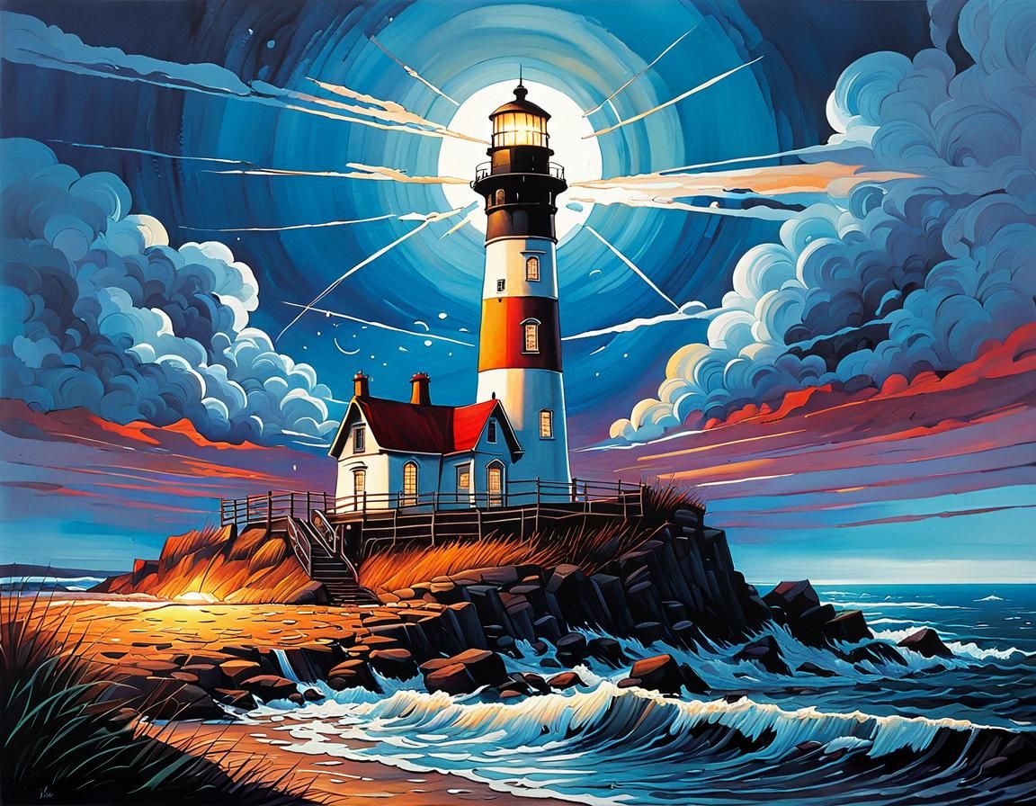 Elegant Lighthouse at Sunset in Watercolor Abstract