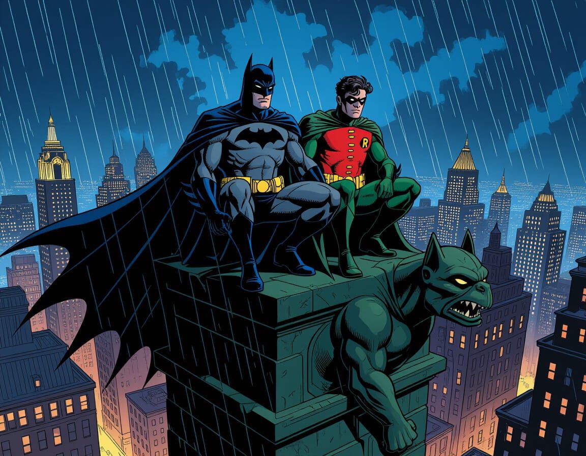 Batman and Robin on Gargoyle Over Cityscape