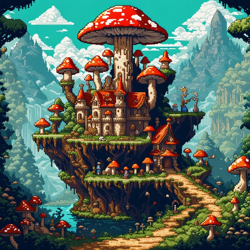 Fantasy Mushroom Kingdom in 8-bit Pixel Art