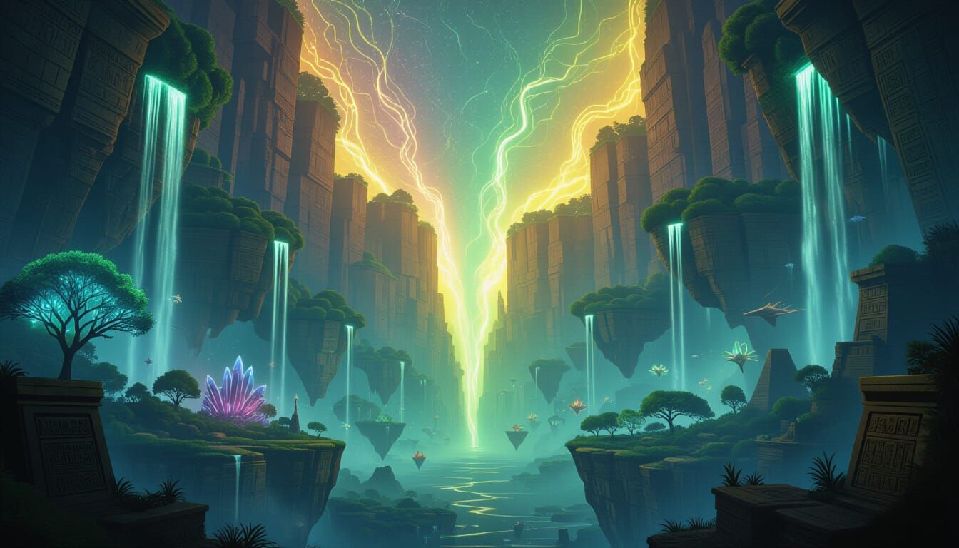 Neon Rift Sanctuary: Cinematic Vista of Floating Worlds