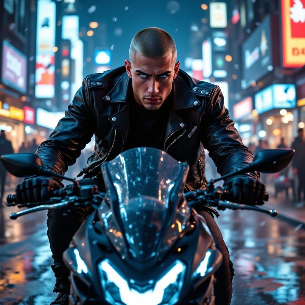 Futuristic Motorcyclist in Neon Cityscape