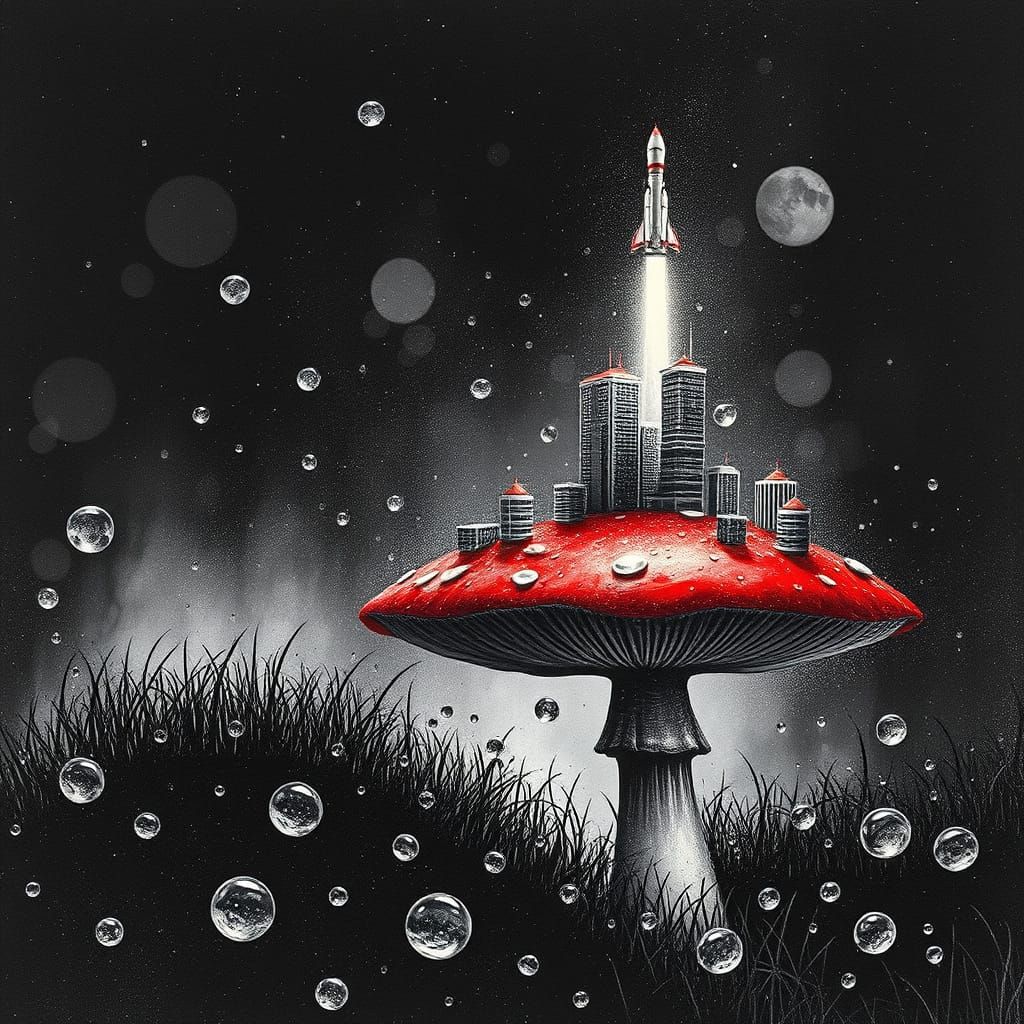 Mystical Cityscape on a Celestial Mushroom in Dreamlike Etch...