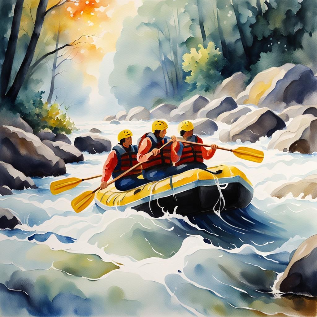 White Water Rafting: Dreamy Impressionism Watercolor