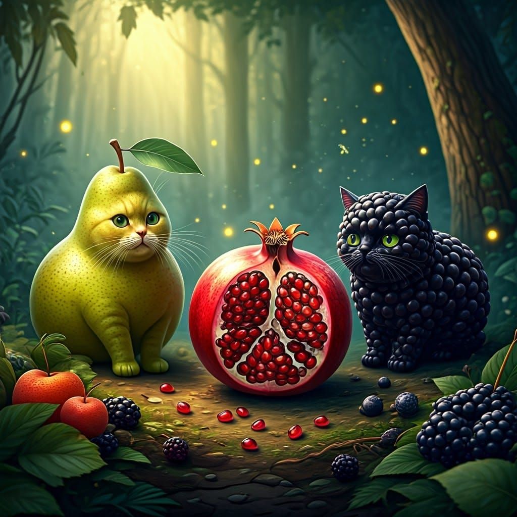 Whimsical Feline Fruit Fusions in a Dreamlike Forest