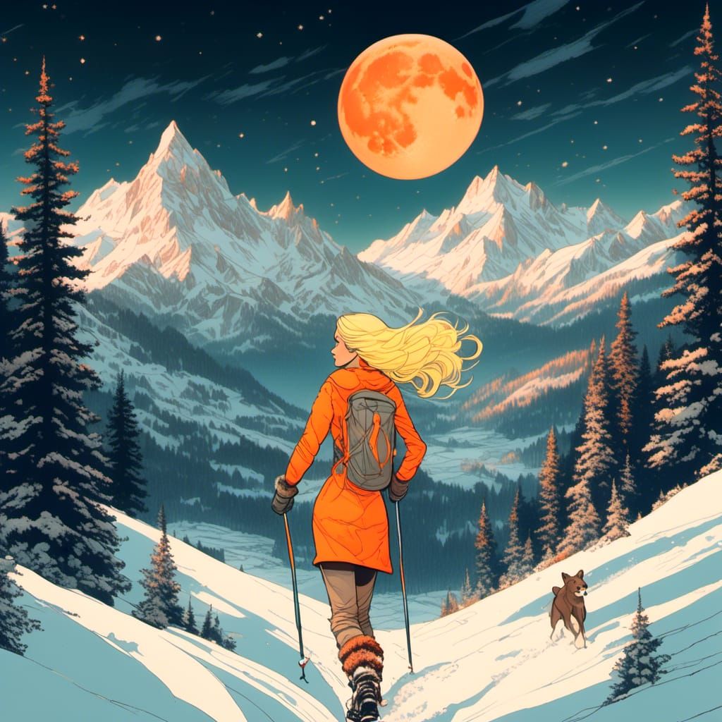 Cartoon Woman Snowshoeing Under Orange Moon
