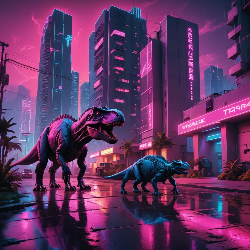 Synthwave Cityscape with Dinosaurs in Neon Light