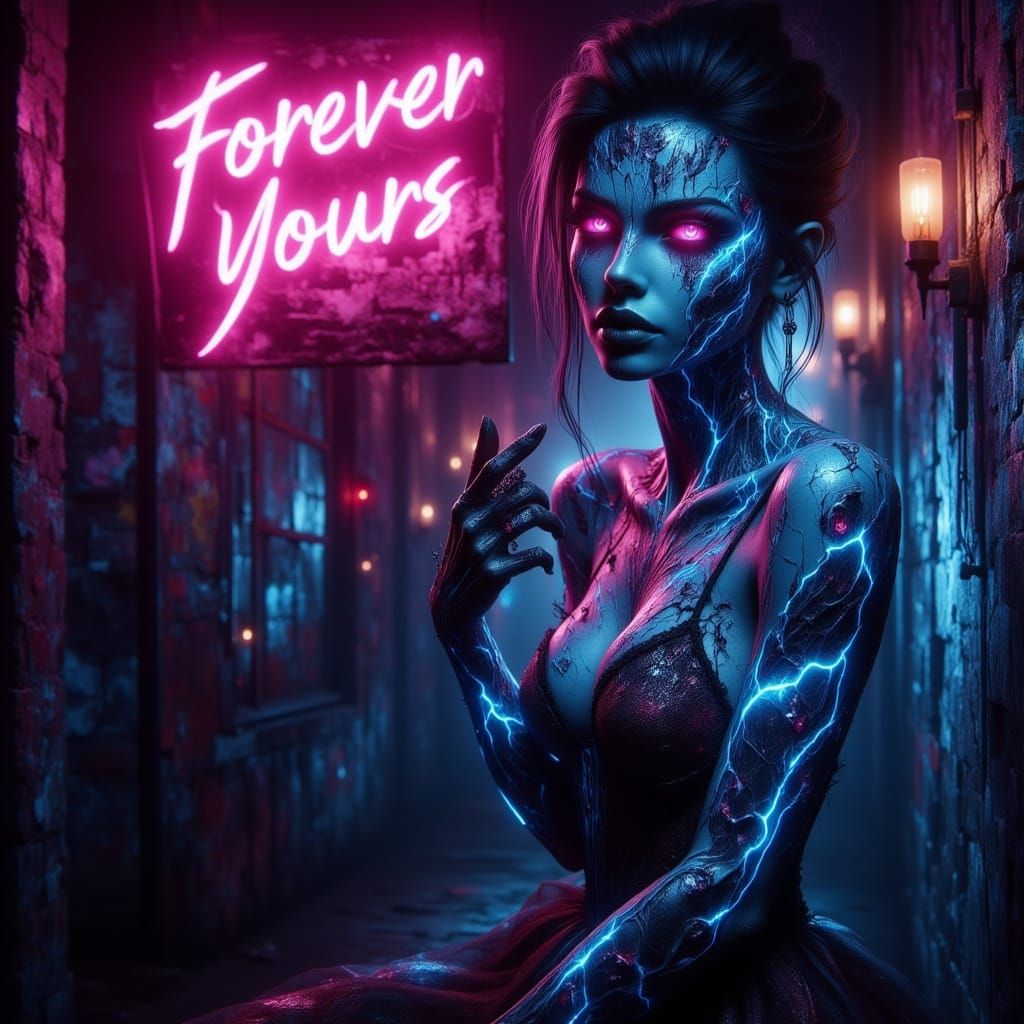 Zombie Prom Girl with Neon Eyes in Cyberpunk Horror Style