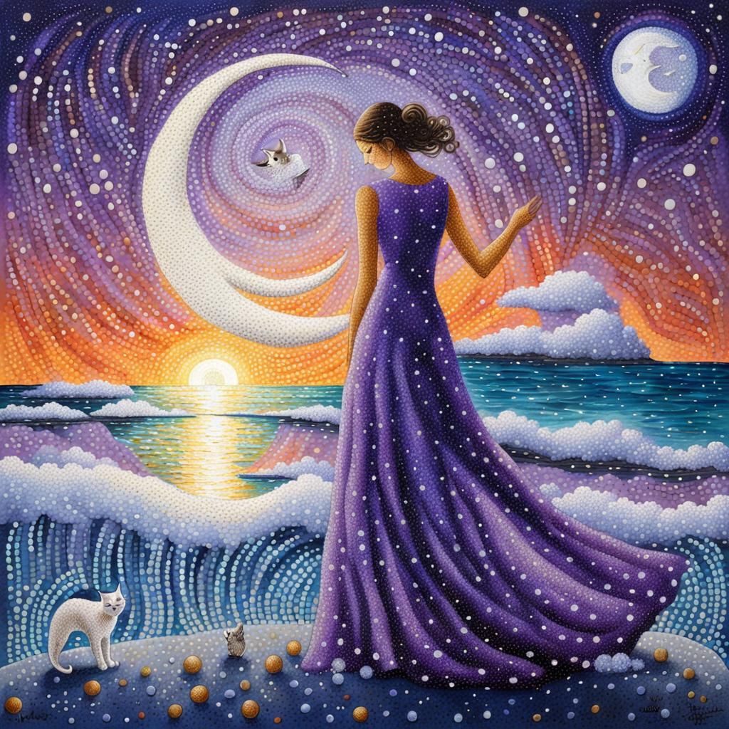 Pointillist Woman with Cat on Beach at Night