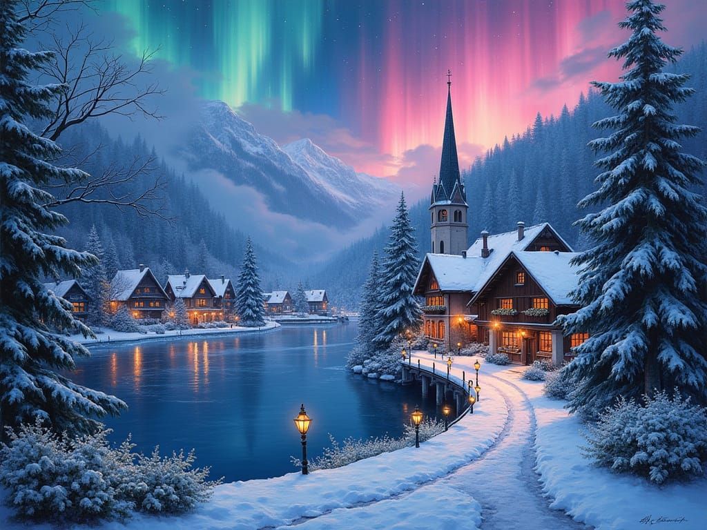 Northern Lights Over Snowy Swiss Village Night Scene
