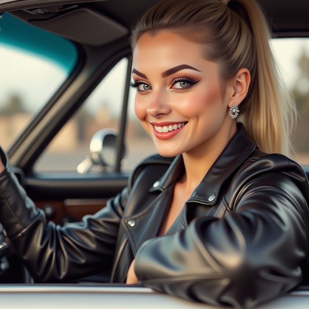 Blonde Woman Drives Silver Porsche in Futuristic Style