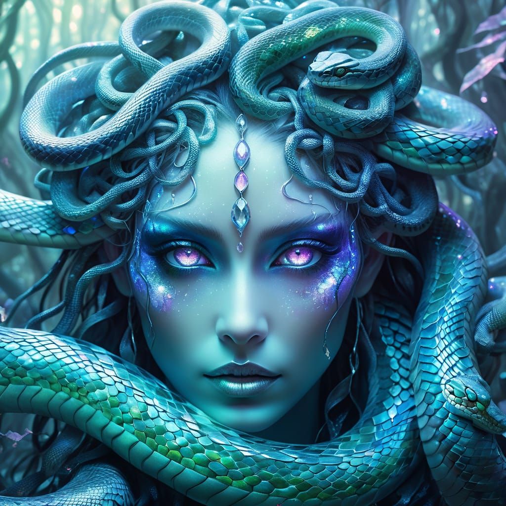 Opal-Eyed Medusa in Crystal Forest: Mythic Fantasy Art