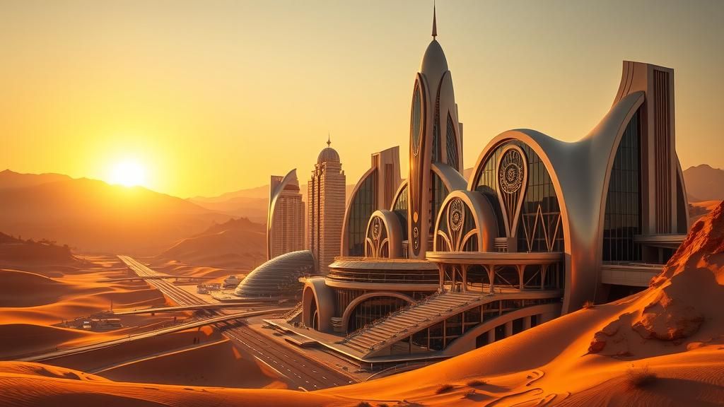 Art Deco Cityscape Blossoming from Desert in 8K