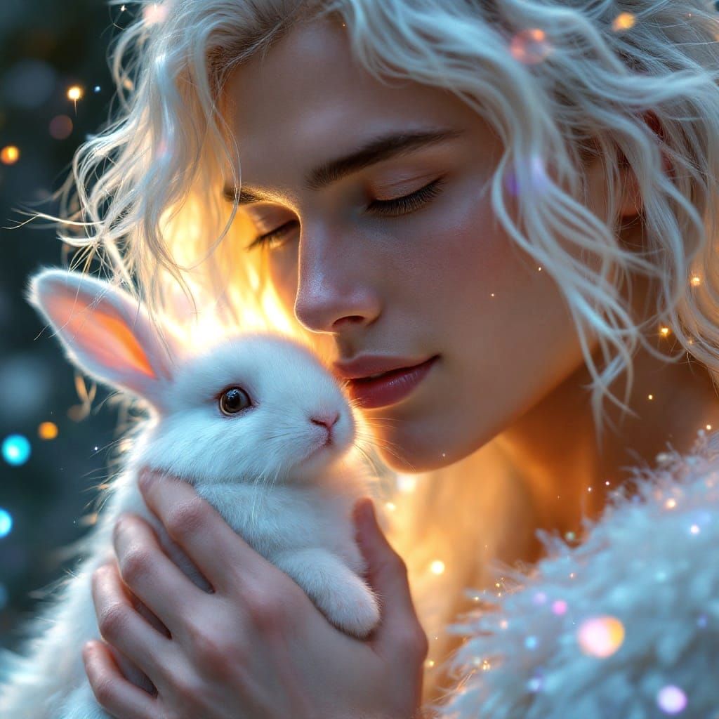 Ethereal Angel Holds Sacred Bunny in Cosmic Glow