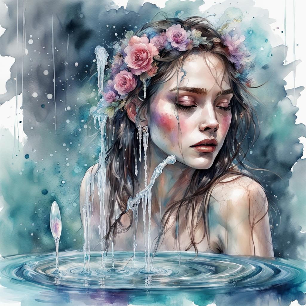 Clear Crystal Water Fountain in Watercolor Style