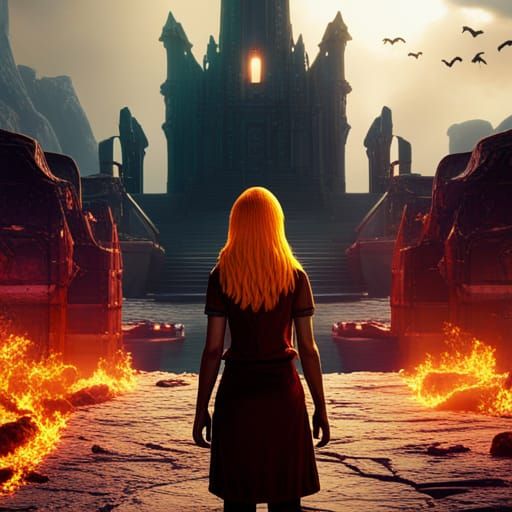 Girl Portrait Amidst Fiery Apocalypse: Detailed Matte Painti...