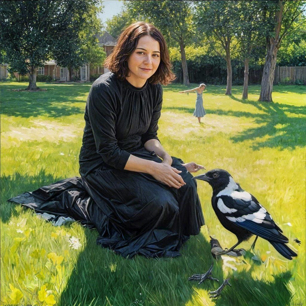 Magpie Observes Woman, Oil Painting Style