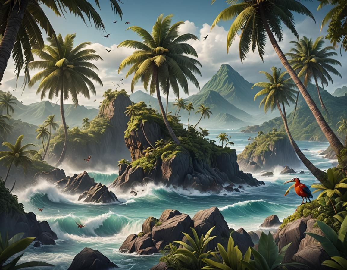 Detailed Matte Painting of Tropical Island Landscape