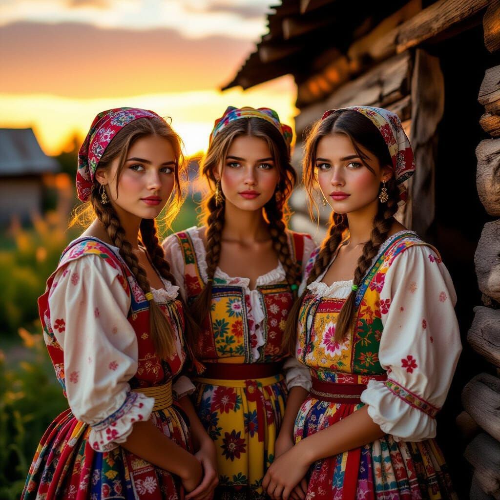 Romanian Girls in Vibrant Camp at Golden Hour