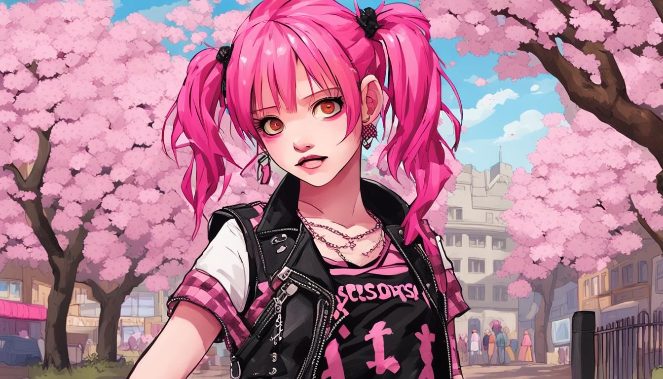 Punk Girl with Cherry Blossoms in Anime Style