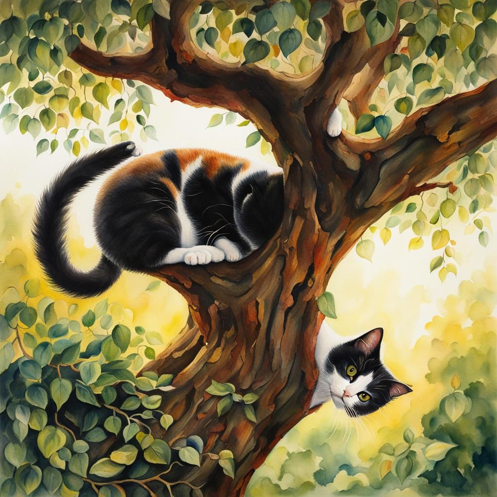 Cats Playing In A Hollow Tree