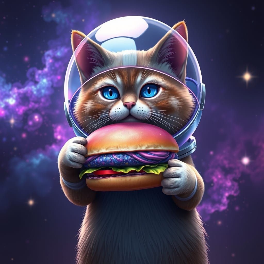 Cosmic Cat Astronaut Eats Galactic Burger in 3D Anime Style