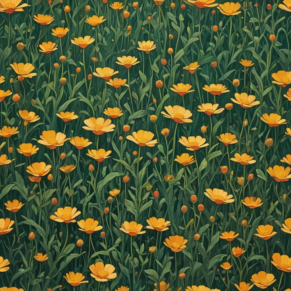 Golden Buttercup in Dreamlike Colorfield Landscape