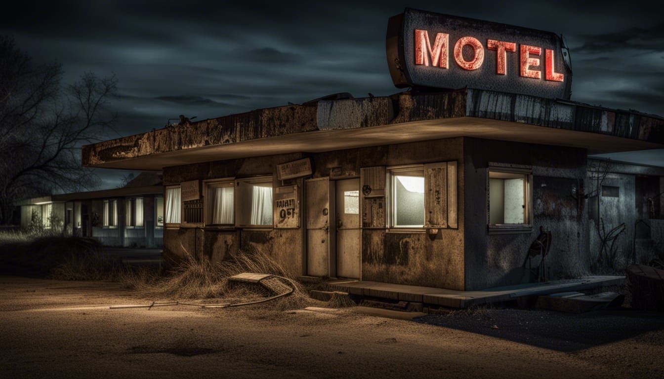 Sinister Horror Motel at Night in Hyperrealism