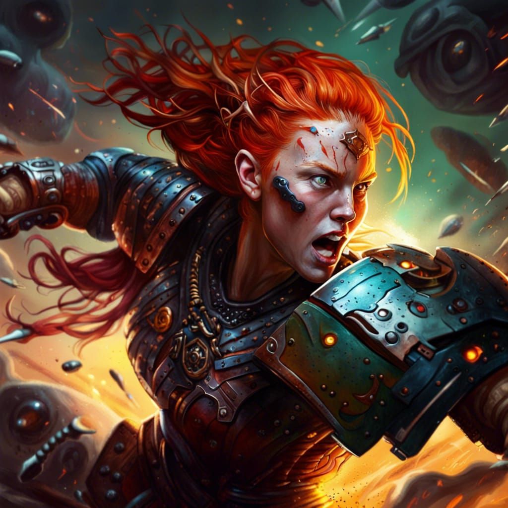 Viking Cyborg Redhead in Epic Alien Battle