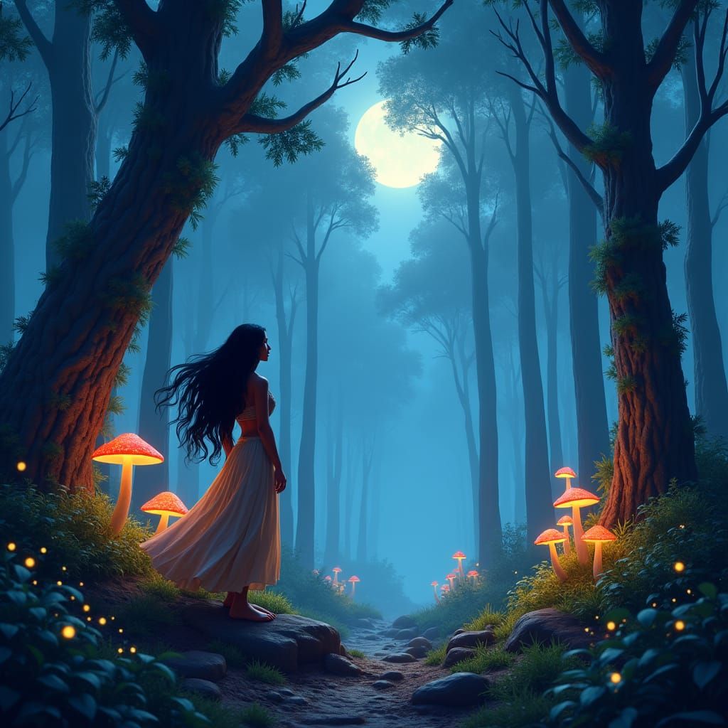Pocahontas in a Moonlit Forest: Disney-Inspired Illustration