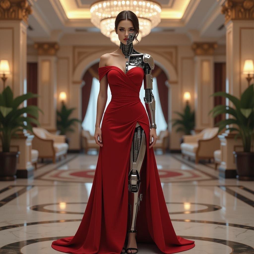 Gynoid in Red Gown with Exposed Machinery