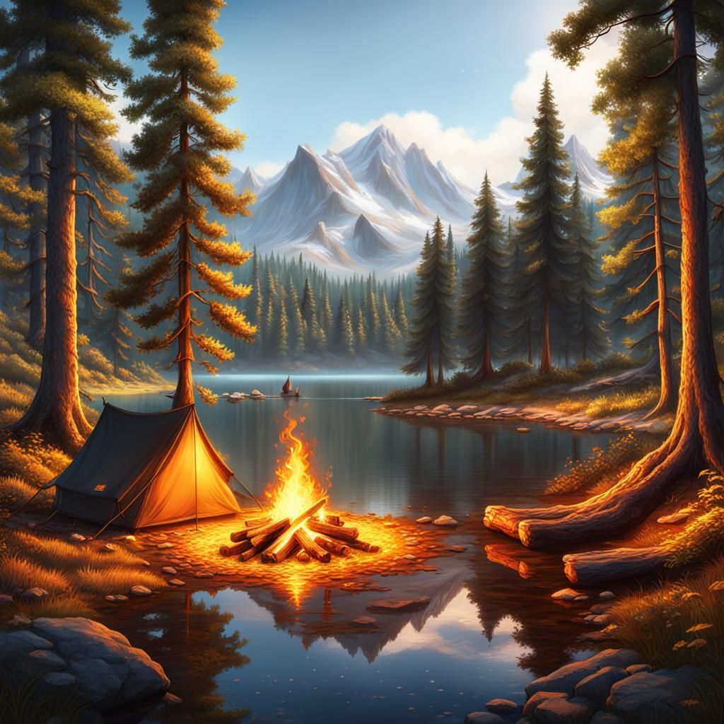 Idyllic Campsite Scene at Quiet Lake Shore